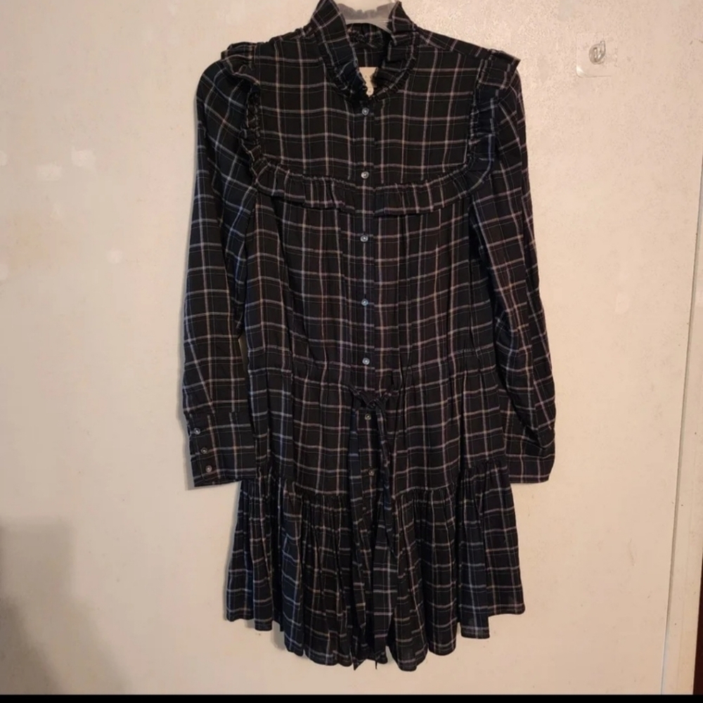 💕La Vie Rebecca Taylor Black Combo Plaid Long Sleeve Ruffled Mini Dress Size XS